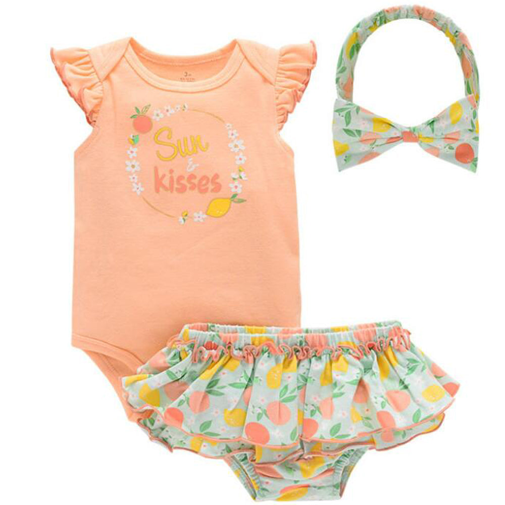 Baby Girl Romper Set With Hair Band & Floral Bottom