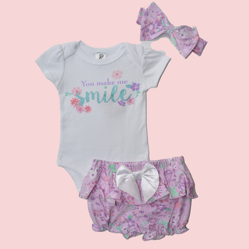 Baby Girl Romper Set With Hair Band & Floral Bottom