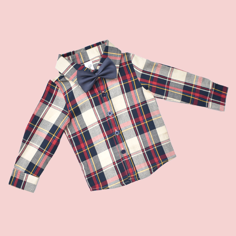 Boy Checks Print Shirt with Pant, Bow And Suspender