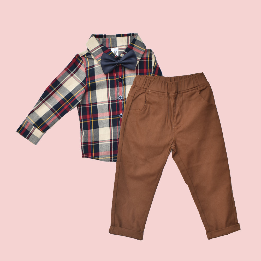 Boy Checks Print Shirt with Pant, Bow And Suspender