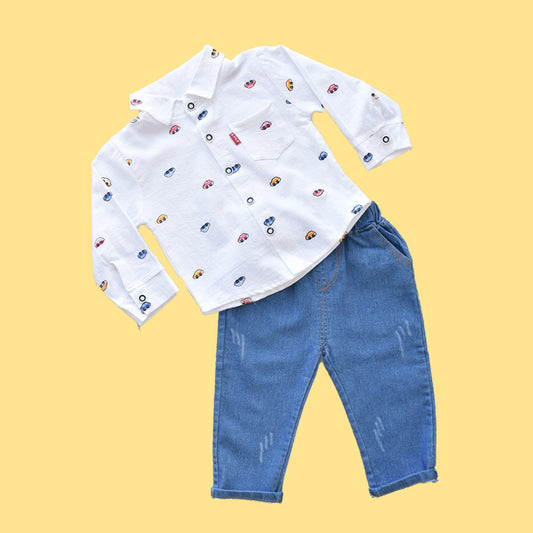 Boy Car Print Collar Button Down Long Sleeves Shirt & Denim Pant Set