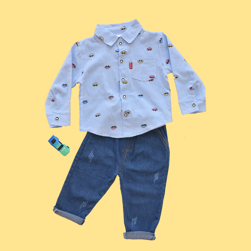 Boy Car Print Collar Button Down Long Sleeves Shirt & Denim Pant Set