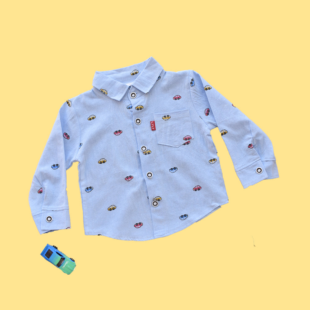 Boy Car Print Collar Button Down Long Sleeves Shirt & Denim Pant Set