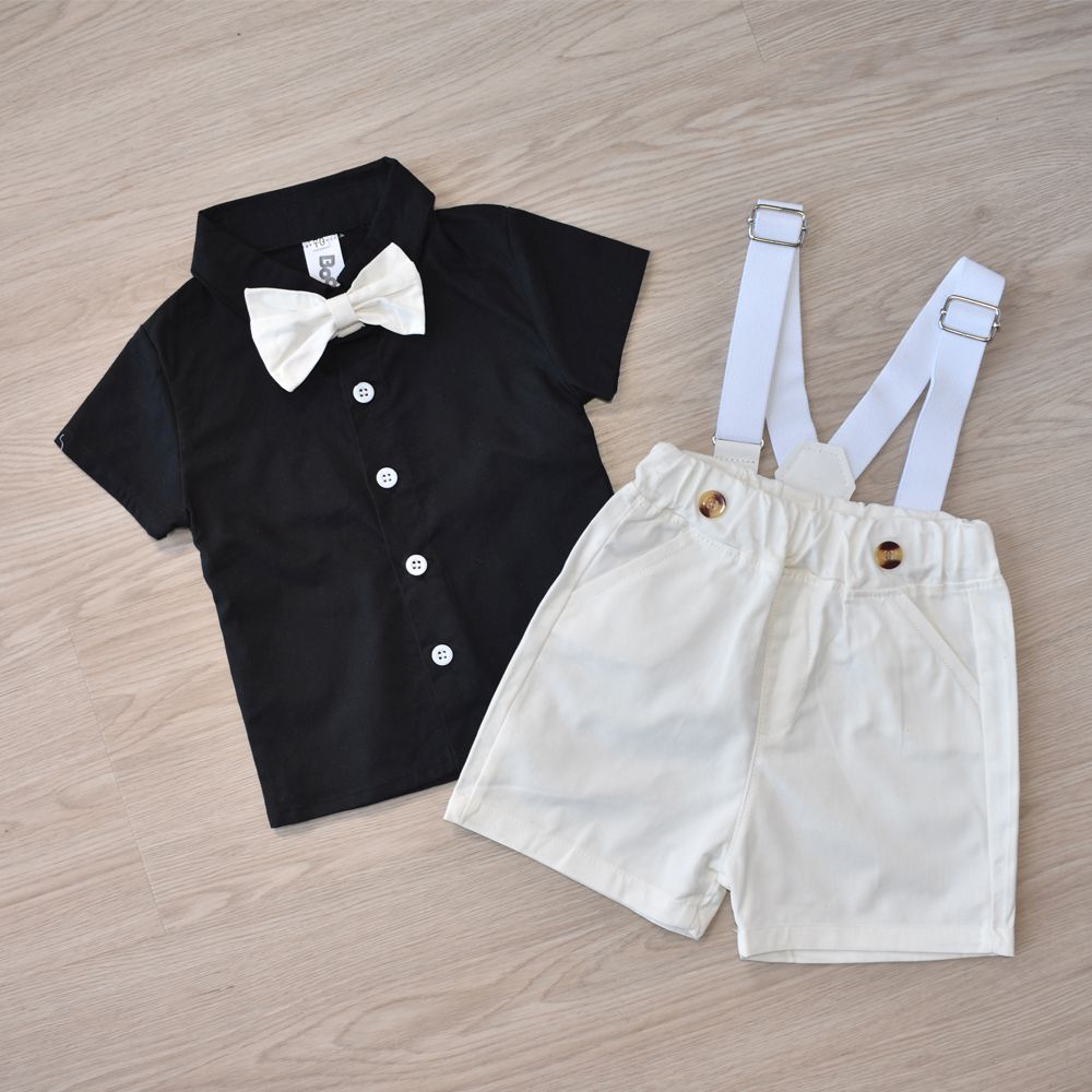 Baby Boy checks print shirt with bow and suspender black & white