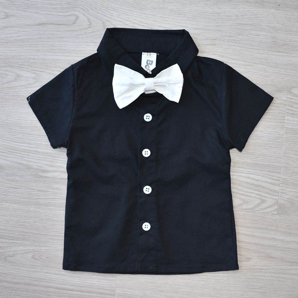 Baby Boy checks print shirt with bow and suspender black & white