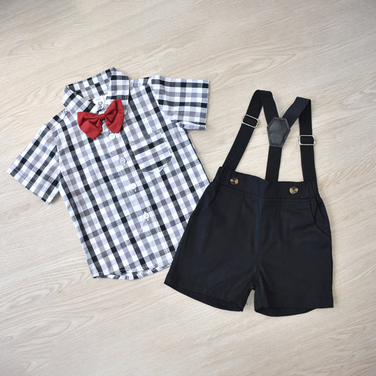 Baby Boy checks print shirt with bow and suspender