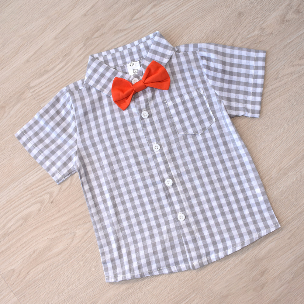 Baby Boy checks print shirt with bow and suspender Gray Orange