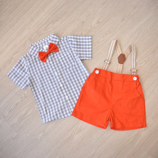 Baby Boy checks print shirt with bow and suspender Gray Orange