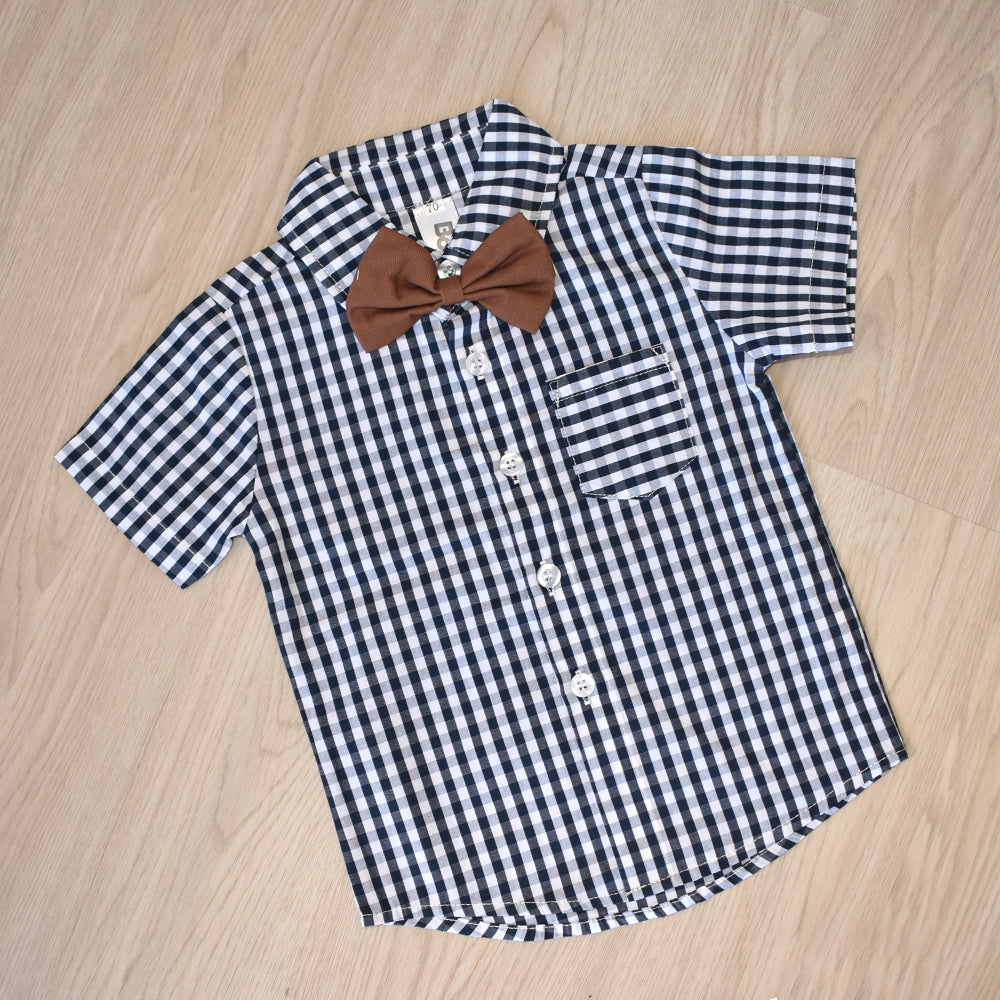 Baby Boy checks print shirt with bow and suspender Blue & Brown