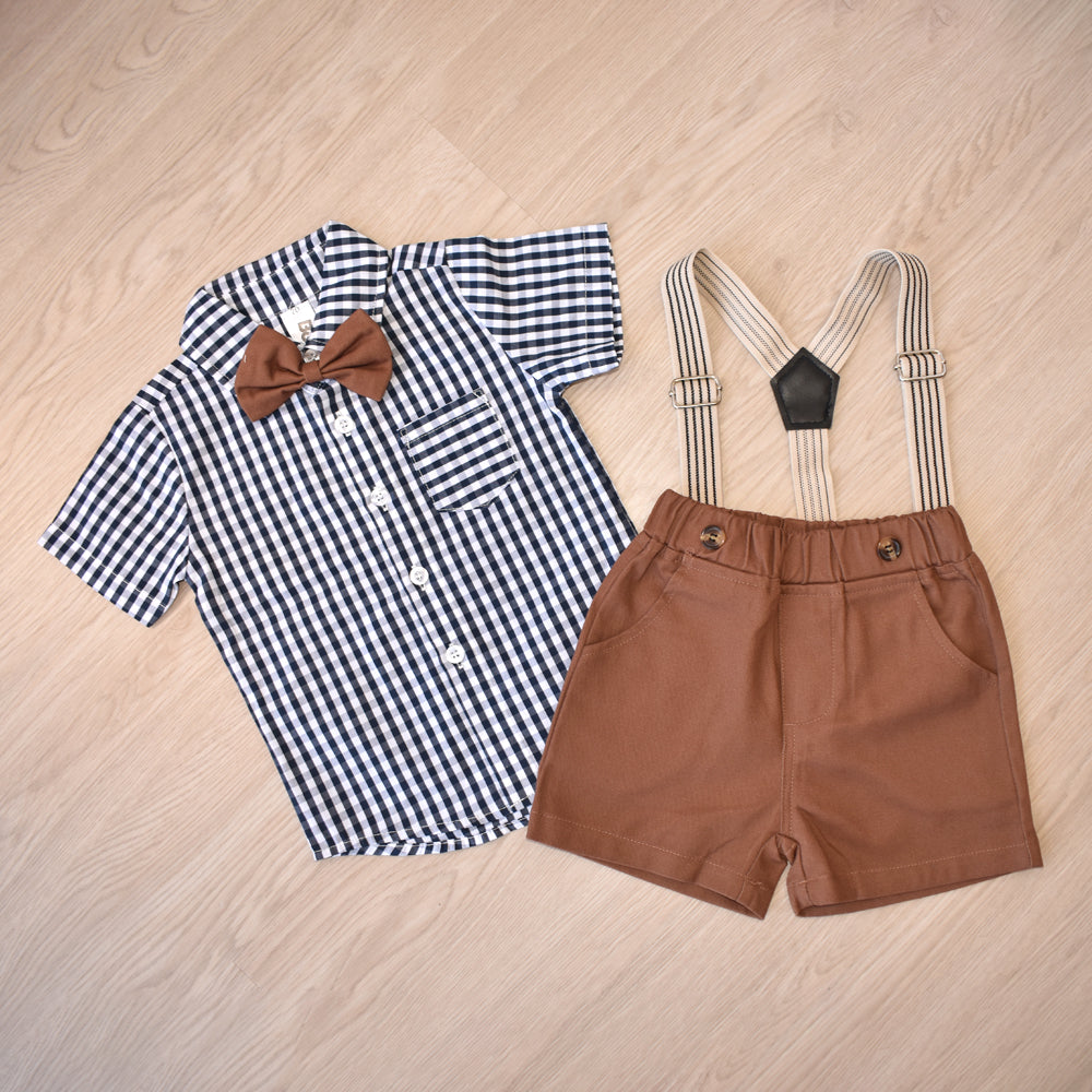 Baby Boy checks print shirt with bow and suspender Blue & Brown