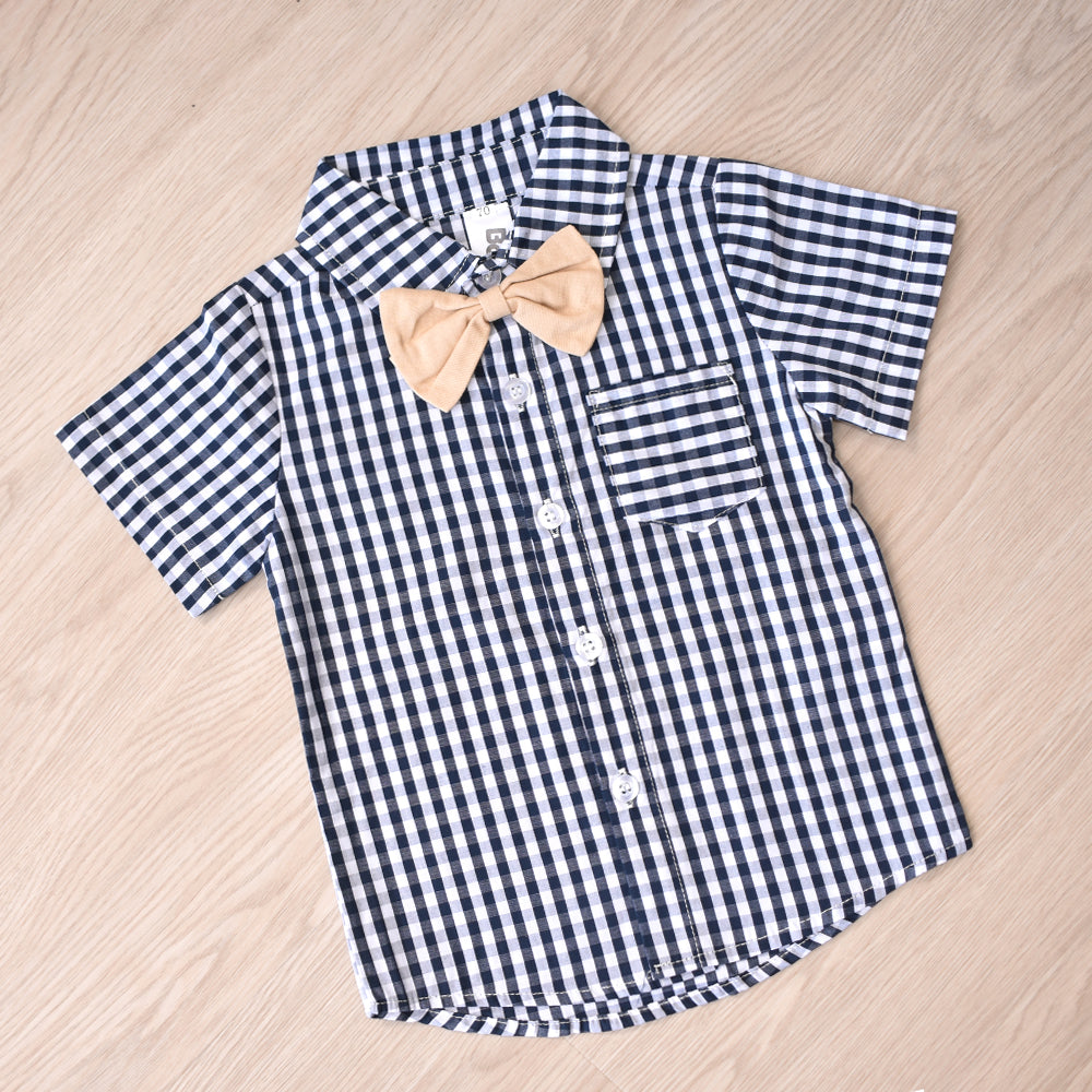 Baby Boy checks print shirt with bow and suspender Blue & Cream