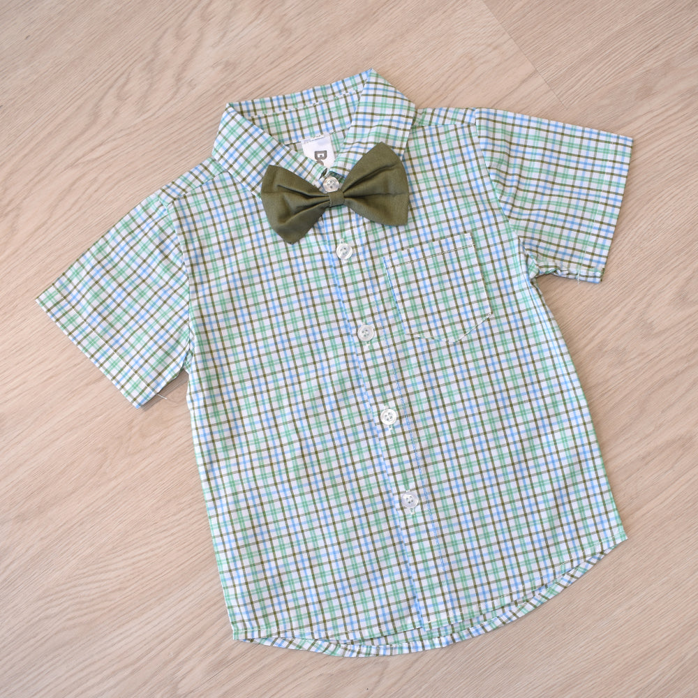 Baby Boy checks print shirt with bow and suspender green