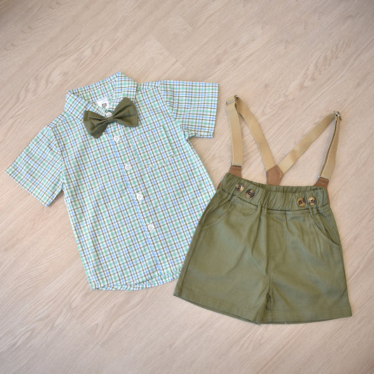 Baby Boy checks print shirt with bow and suspender green