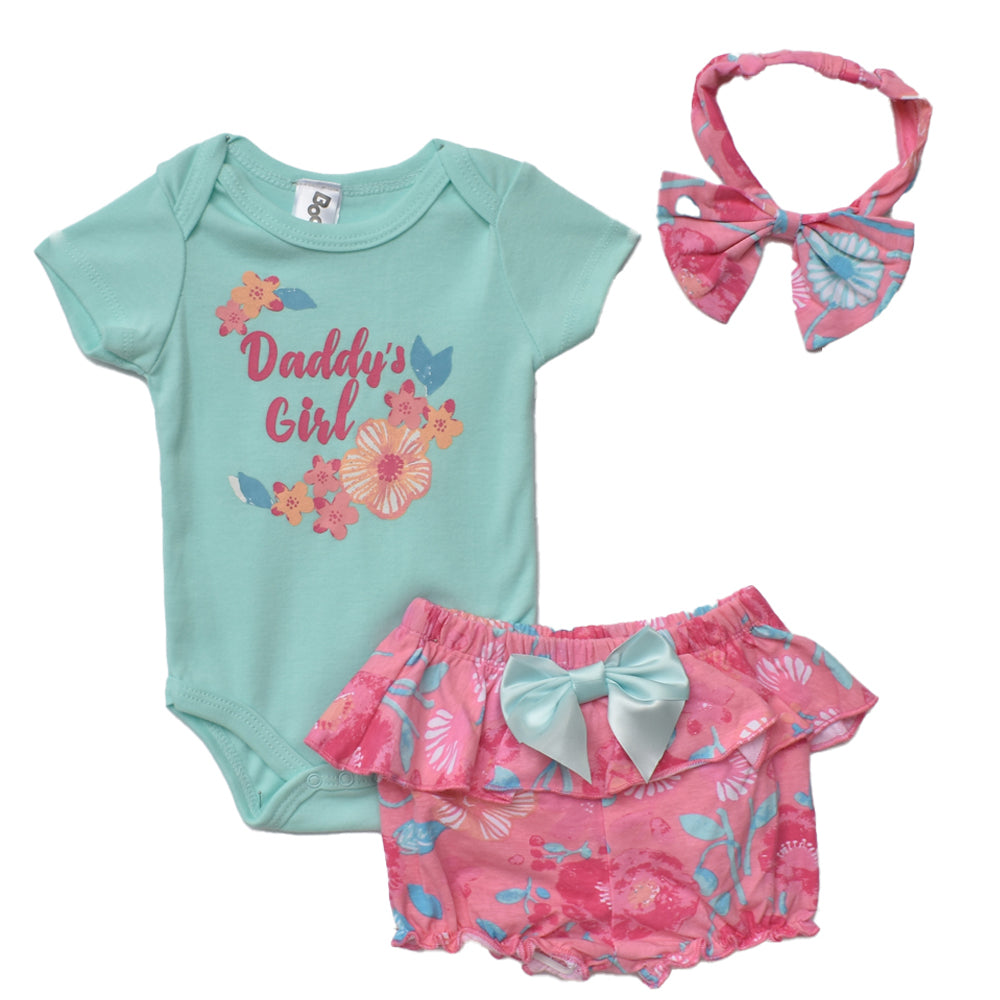 Baby Girl Romper Set With Hair Band & Floral Bottom