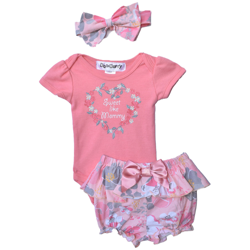 Baby Girl Romper Set With Hair Band & Floral Bottom